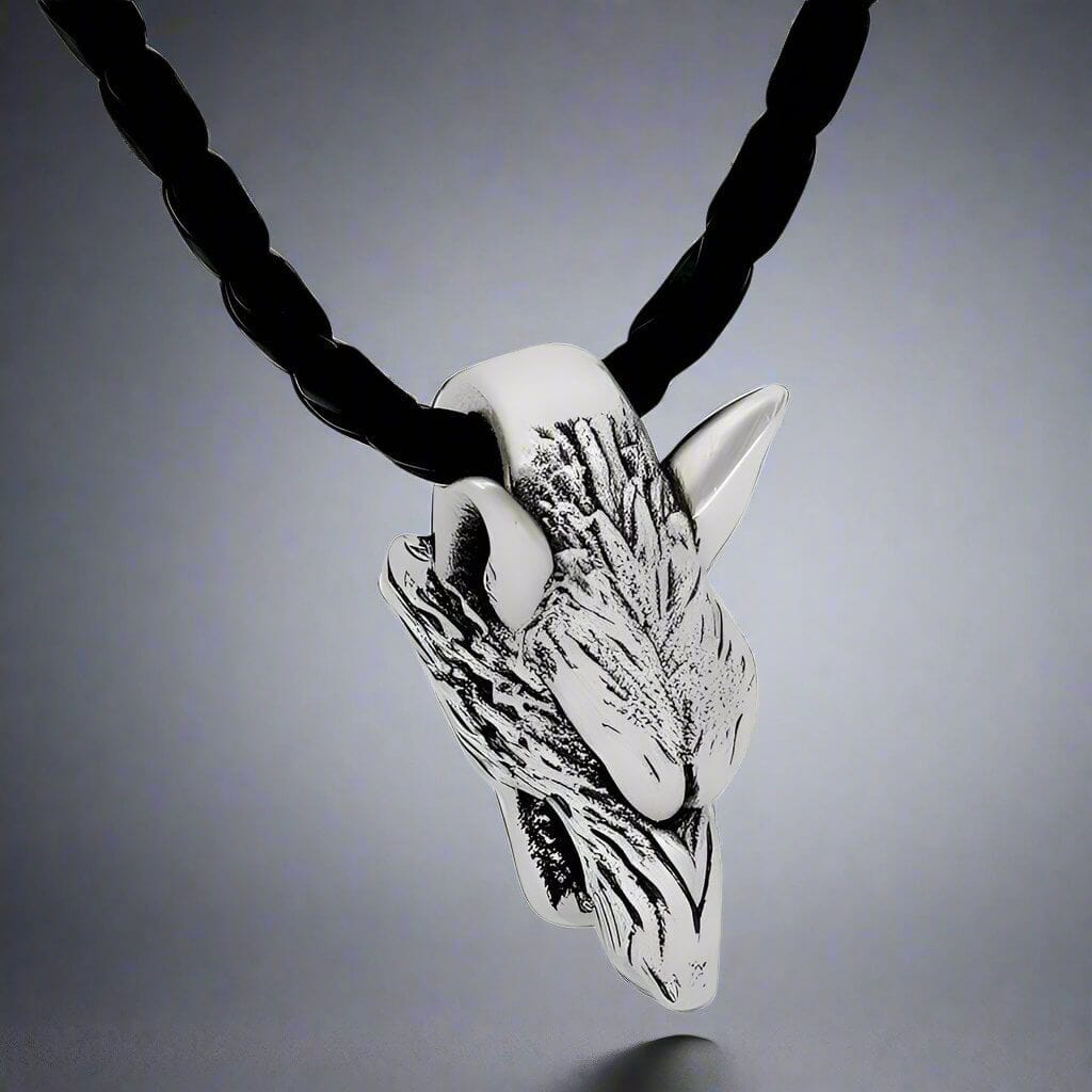 THE MEN THING Leather Necklace WOLF HEAD SILVER - Alloy Pendant with 24inch Leather Cord Chain for Men & Boy