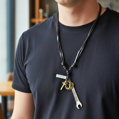 THE MEN THING Leather Necklace WRENCH OF FAITH – 2.5-Inch Pure Stainless Steel Pendant with Adjustable Leather Rope for Men & Boys