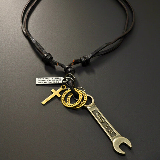 THE MEN THING Leather Necklace WRENCH OF FAITH – 2.5-Inch Pure Stainless Steel Pendant with Adjustable Leather Rope for Men & Boys