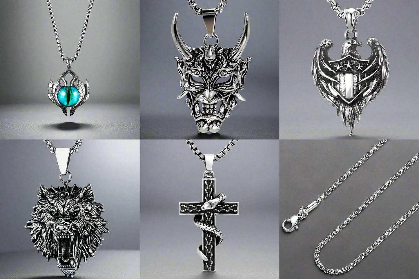THE MEN THING Men’s Signature Pendant Pack of 5 – Eagle, Snake, King, Blue Eye & Demon Mask with Stainless Steel 24-Inch Round Box Chain