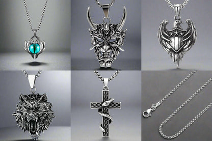 THE MEN THING Men’s Signature Pendant Pack of 5 – Eagle, Snake, King, Blue Eye & Demon Mask with Stainless Steel 24-Inch Round Box Chain