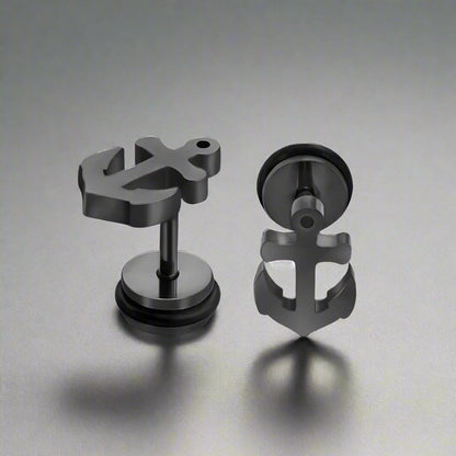 THE MEN THING Nose & Ear Ring Pair  (Both Ears) ANCLA ANCHOR BLACK - Pure Titanium Steel Piercing Ear Earrings for Men & Boys (2 Pcs)
