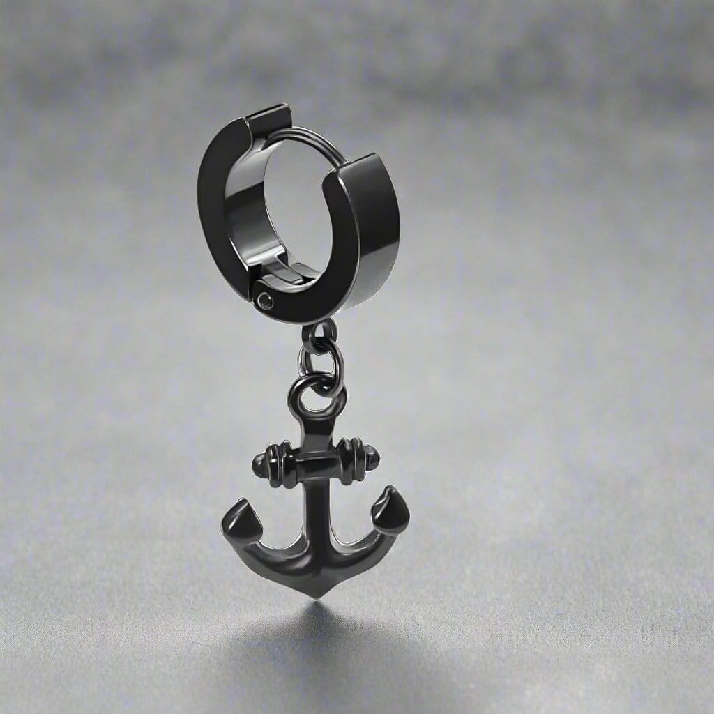 THE MEN THING Nose & Ear Ring Pair  (Both Ears) AQUALOCK ANCHOR BLACK - Pure Titanium Steel Ear Hoop Earrings for Men & Boys (2 Pcs)