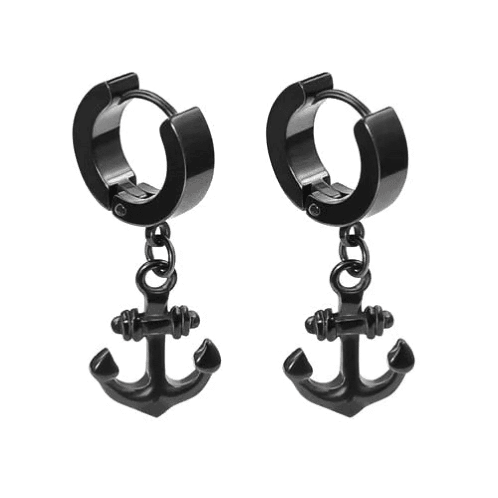 THE MEN THING Nose & Ear Ring Pair  (Both Ears) AQUALOCK ANCHOR BLACK - Pure Titanium Steel Ear Hoop Earrings for Men & Boys (2 Pcs)