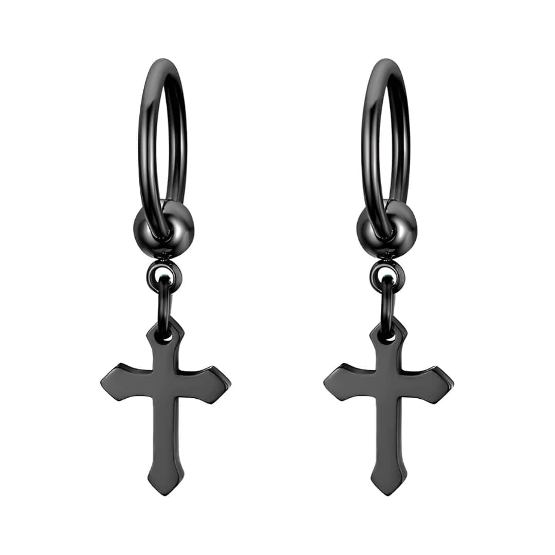 THE MEN THING Nose & Ear Ring Pair (Both Ears) ARCADIA BLACK CROSS DROPS - Titanium Steel Hoop Earrings for Men & Boys (2 Pcs)