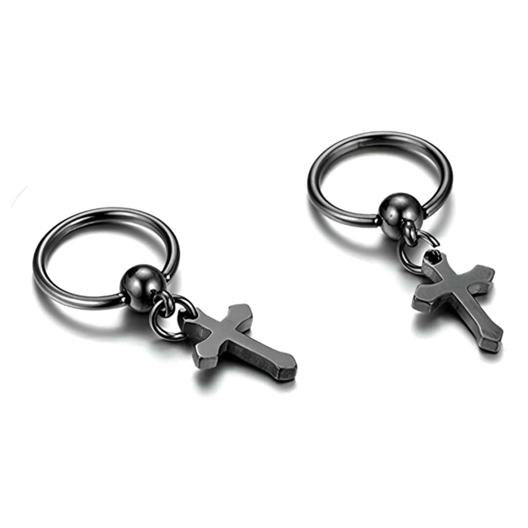 THE MEN THING Nose & Ear Ring Pair (Both Ears) ARCADIA BLACK CROSS DROPS - Titanium Steel Hoop Earrings for Men & Boys (2 Pcs)