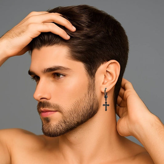 THE MEN THING Nose & Ear Ring Pair (Both Ears) ARCADIA BLACK CROSS DROPS - Titanium Steel Hoop Earrings for Men & Boys (2 Pcs)