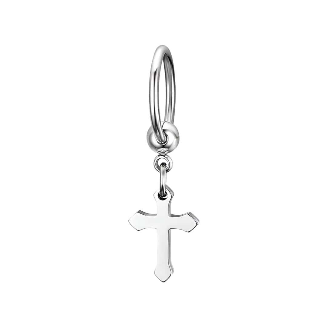 THE MEN THING Nose & Ear Ring Pair (Both Ears) ARCADIA SILVER CROSS DROP - Titanium Steel Hoop Earrings for Men & Boys (2 Pcs)