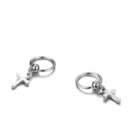 THE MEN THING Nose & Ear Ring Pair (Both Ears) ARCADIA SILVER CROSS DROP - Titanium Steel Hoop Earrings for Men & Boys (2 Pcs)