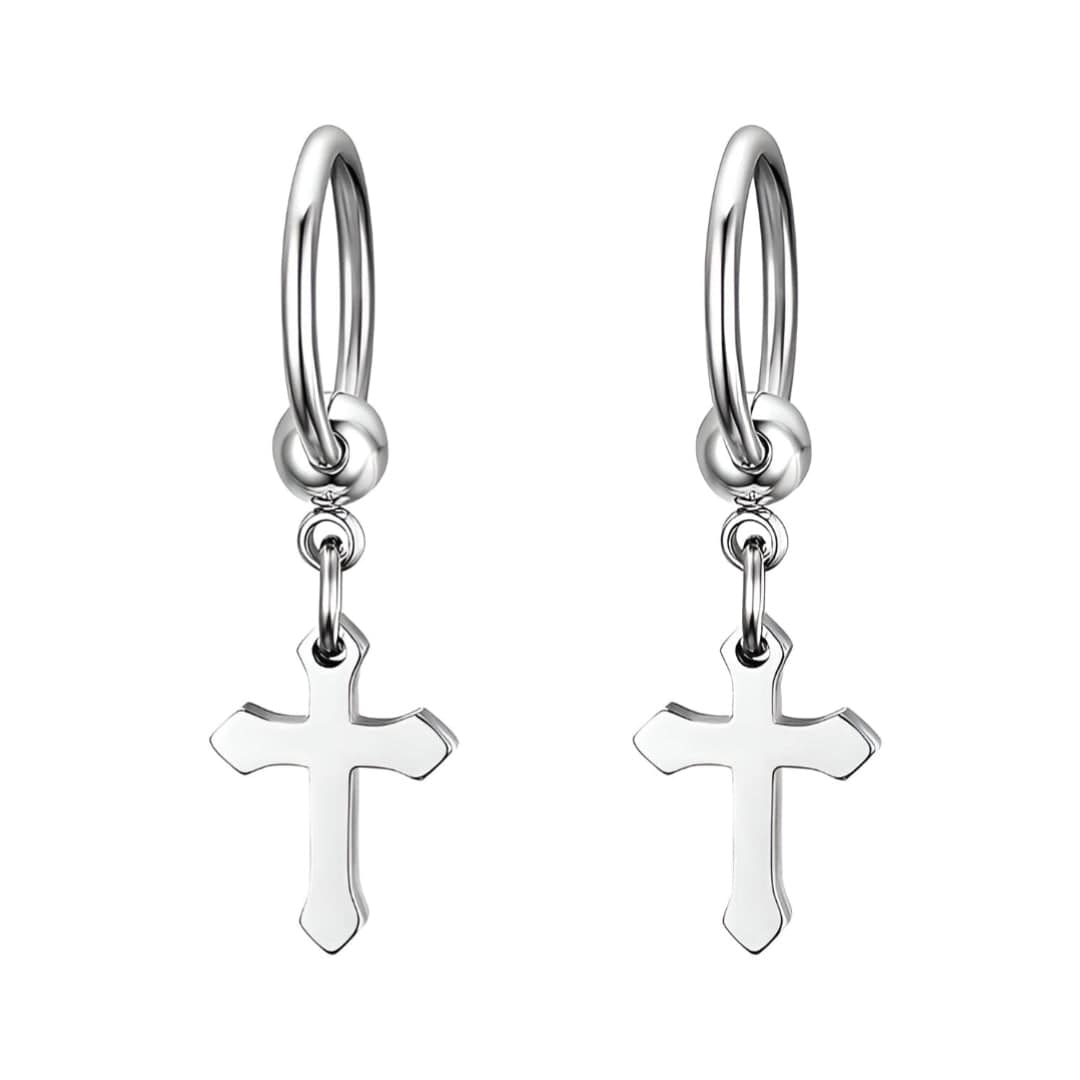 THE MEN THING Nose & Ear Ring Pair (Both Ears) ARCADIA SILVER CROSS DROP - Titanium Steel Hoop Earrings for Men & Boys (2 Pcs)