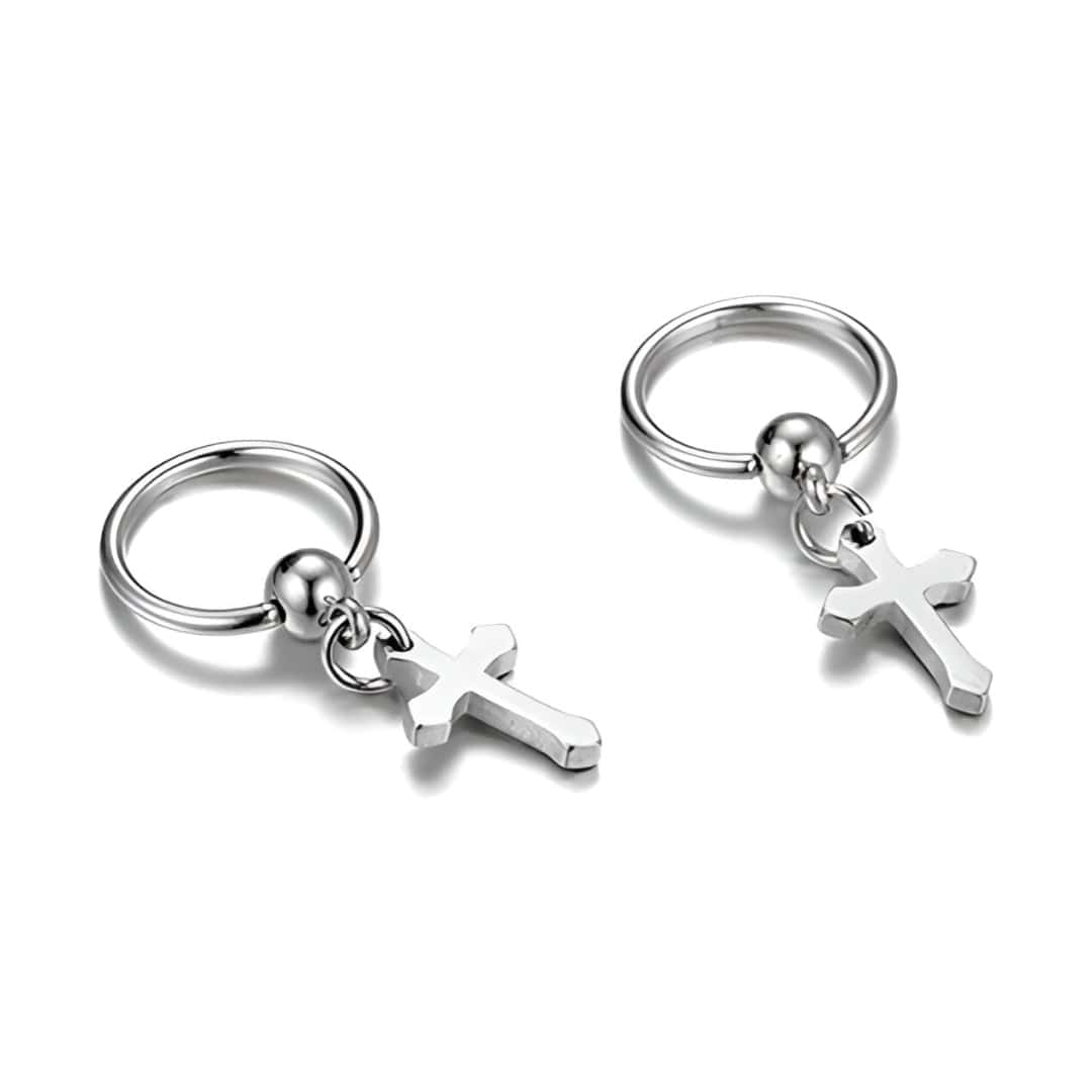 THE MEN THING Nose & Ear Ring Pair (Both Ears) ARCADIA SILVER CROSS DROP - Titanium Steel Hoop Earrings for Men & Boys (2 Pcs)
