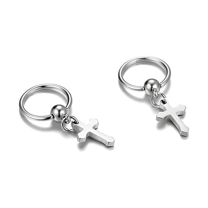 THE MEN THING Nose & Ear Ring Pair (Both Ears) ARCADIA SILVER CROSS DROP - Titanium Steel Hoop Earrings for Men & Boys (2 Pcs)