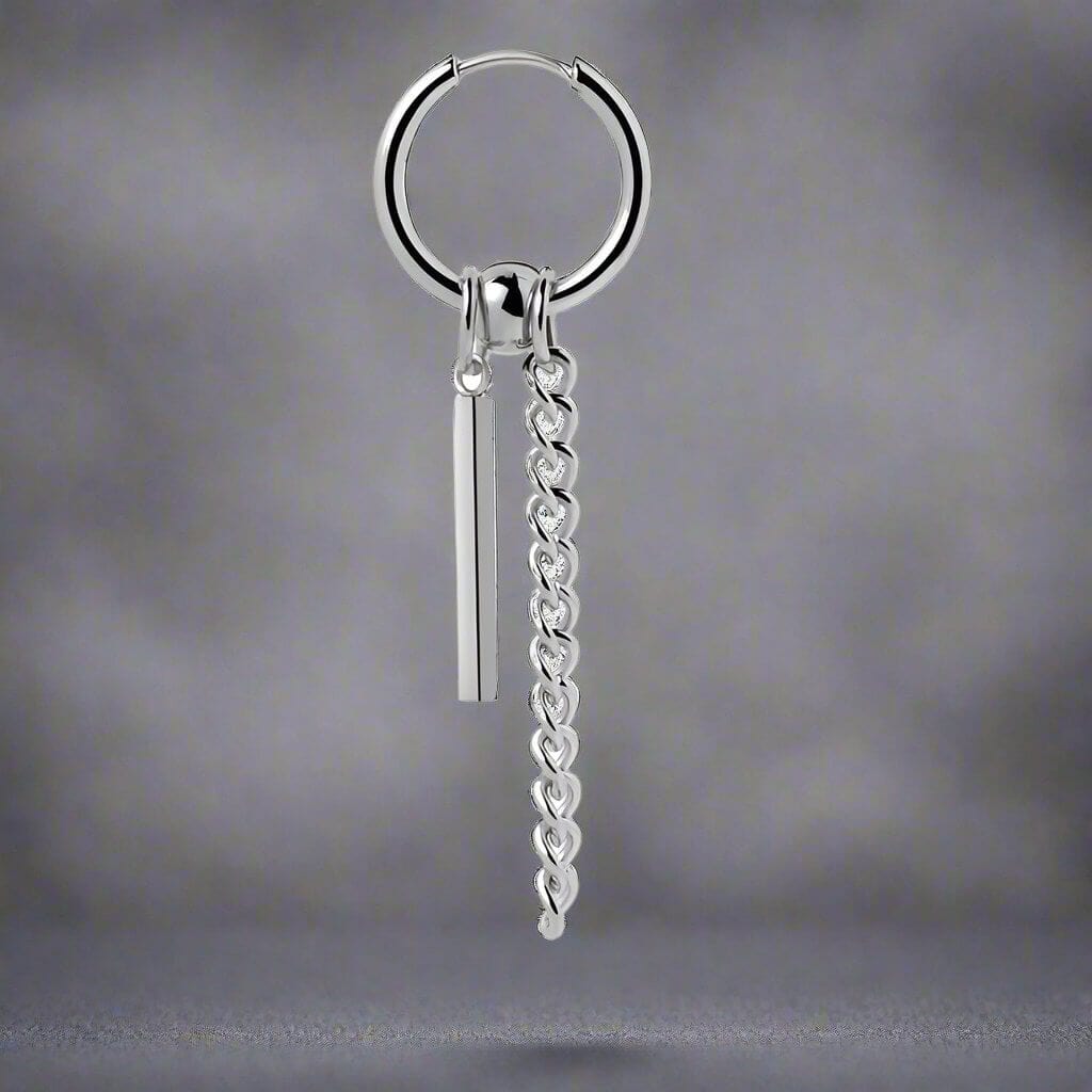 THE MEN THING Nose & Ear Ring Pair  (Both Ears) CHAIN AND BAR HUGGIE HOOP SILVER - Pure Titanium Steel Ear Hoop Earrings for Men & Boys (2 Pcs)
