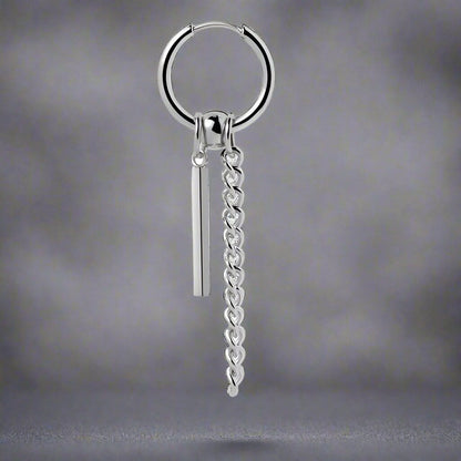 THE MEN THING Nose & Ear Ring Pair  (Both Ears) CHAIN AND BAR HUGGIE HOOP SILVER - Pure Titanium Steel Ear Hoop Earrings for Men & Boys (2 Pcs)