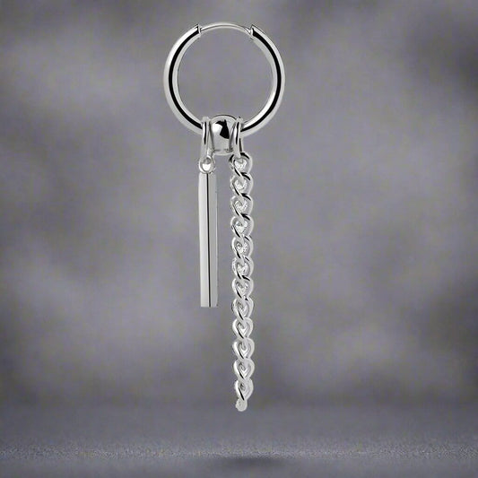 THE MEN THING Nose & Ear Ring Pair  (Both Ears) CHAIN AND BAR HUGGIE HOOP SILVER - Pure Titanium Steel Ear Hoop Earrings for Men & Boys (2 Pcs)