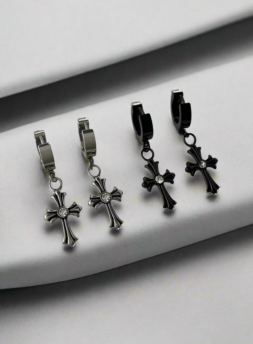 THE MEN THING Nose & Ear Ring Pair  (Both Ears) CROSS CIRCLE BLACK - Titanium Steel Hoop Earrings for Men & Boys (2 Pcs)