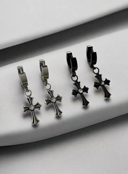 THE MEN THING Nose & Ear Ring Pair  (Both Ears) CROSS CIRCLE BLACK - Titanium Steel Hoop Earrings for Men & Boys (2 Pcs)