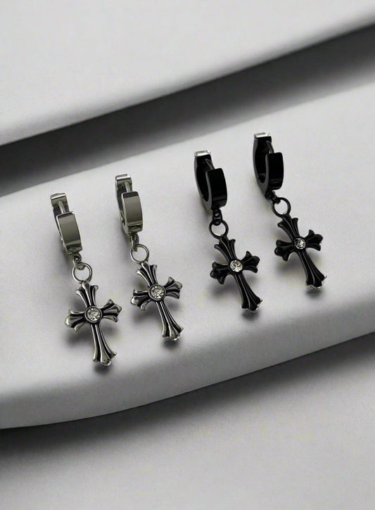 THE MEN THING Nose & Ear Ring Pair  (Both Ears) CROSS CIRCLE BLACK - Titanium Steel Hoop Earrings for Men & Boys (2 Pcs)