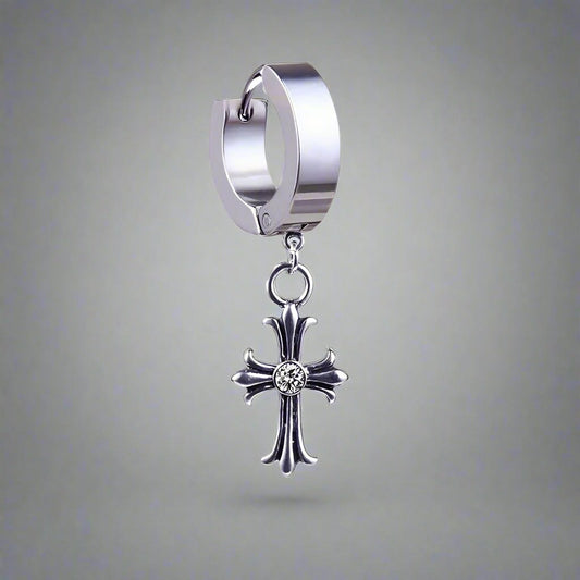 THE MEN THING Nose & Ear Ring Pair  (Both Ears) CROSS CIRCLE SILVER - Titanium Steel Hoop Earrings for Men & Boys (2 Pcs)