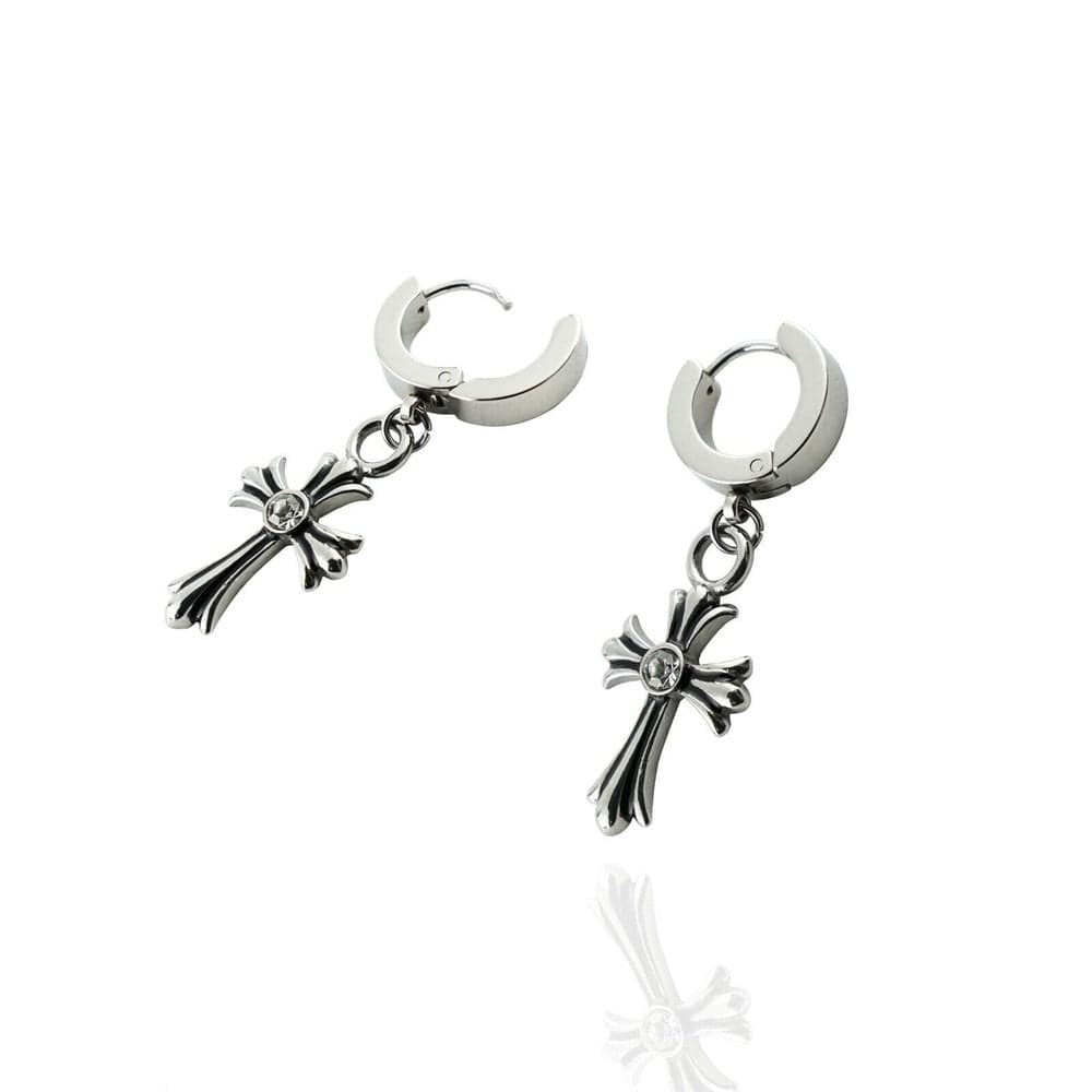 THE MEN THING Nose & Ear Ring Pair  (Both Ears) CROSS CIRCLE SILVER - Titanium Steel Hoop Earrings for Men & Boys (2 Pcs)