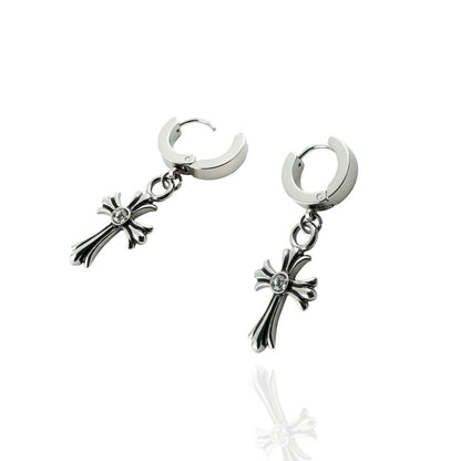 THE MEN THING Nose & Ear Ring Pair  (Both Ears) CROSS CIRCLE SILVER - Titanium Steel Hoop Earrings for Men & Boys (2 Pcs)