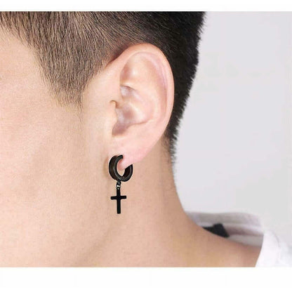 THE MEN THING Nose & Ear Ring Pair  (Both Ears) CROSS FAITH BLACK - Non-Piercing Pure Titanium Steel Earring for Men & Boys (2 Pcs)