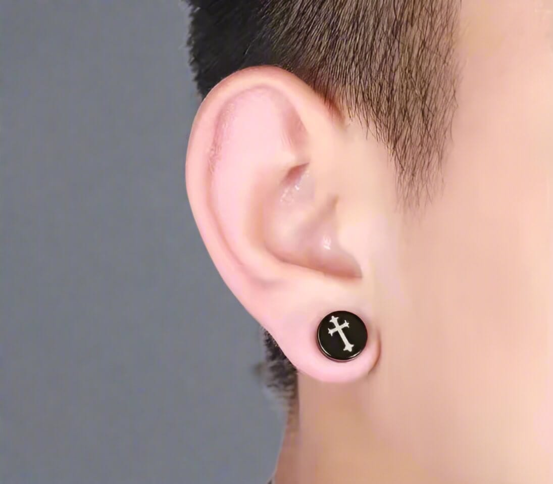 THE MEN THING Nose & Ear Ring Pair  (Both Ears) CROSS FOURCHEE - Magnetic Non-Piercing Pure Titanium Steel Studs Earrings for Men & Boys (2 Pcs)