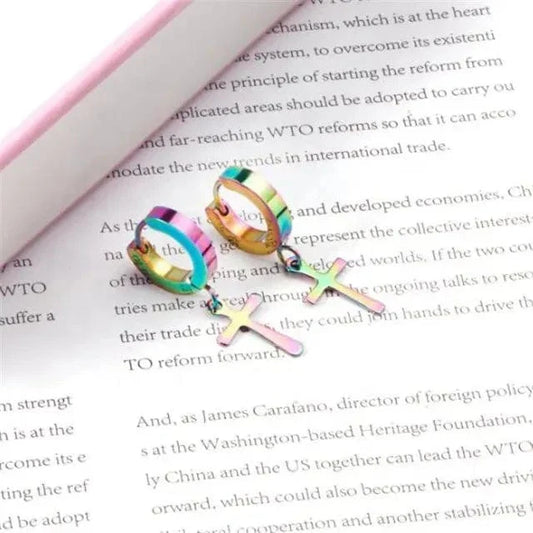 THE MEN THING Nose & Ear Ring Pair  (Both Ears) CRUCIS - RAINBOW - Titanium Steel Hoop Earrings for Men & Boys (2 Pcs)
