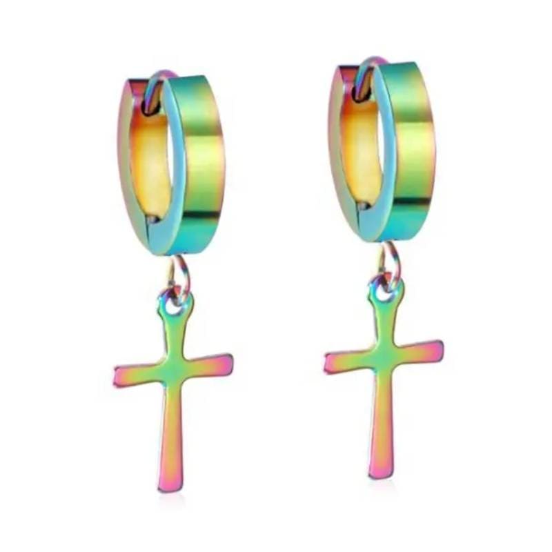 THE MEN THING Nose & Ear Ring Pair  (Both Ears) CRUCIS - RAINBOW - Titanium Steel Hoop Earrings for Men & Boys (2 Pcs)