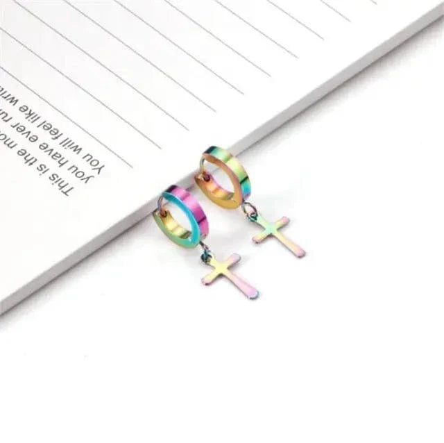 THE MEN THING Nose & Ear Ring Pair  (Both Ears) CRUCIS - RAINBOW - Titanium Steel Hoop Earrings for Men & Boys (2 Pcs)