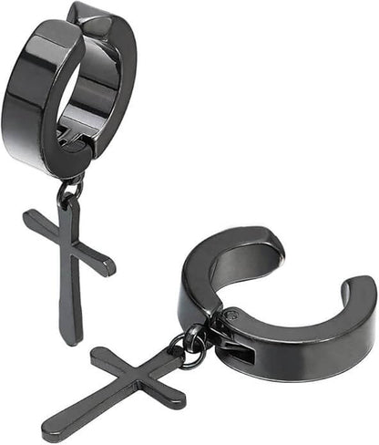 THE MEN THING Nose & Ear Ring Pair  (Both Ears) DANGLING CROSS BLACK - Non-Piercing Pure Titanium Steel Earring for Men & Boys (2 Pcs)