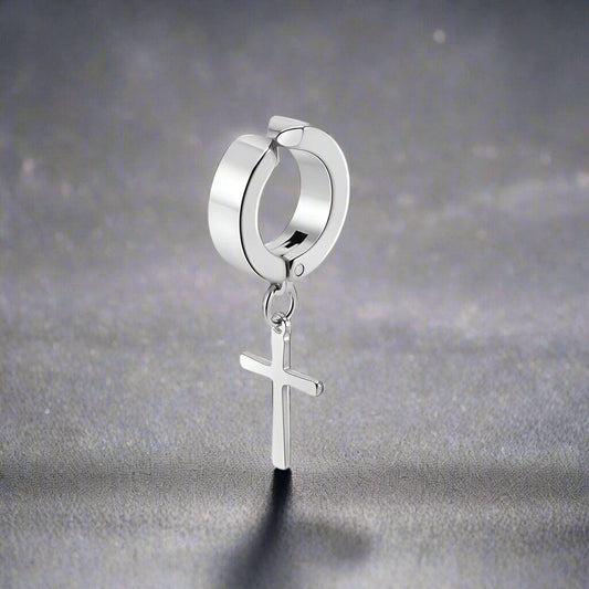 THE MEN THING Nose & Ear Ring Pair  (Both Ears) DANGLING CROSS SILVER - Non-Piercing Pure Titanium Steel Earring for Men & Boys (2 Pcs)