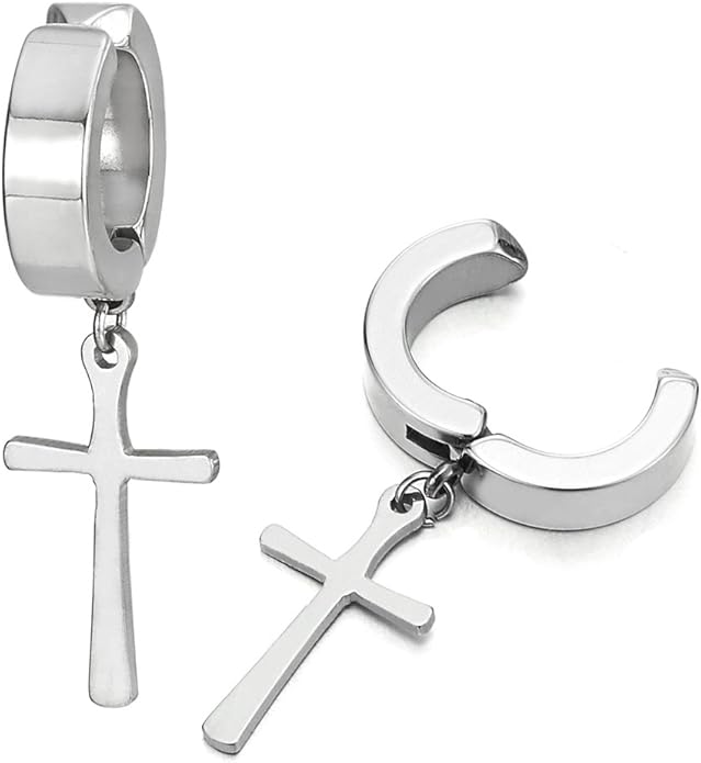 THE MEN THING Nose & Ear Ring Pair  (Both Ears) DANGLING CROSS SILVER - Non-Piercing Pure Titanium Steel Earring for Men & Boys (2 Pcs)