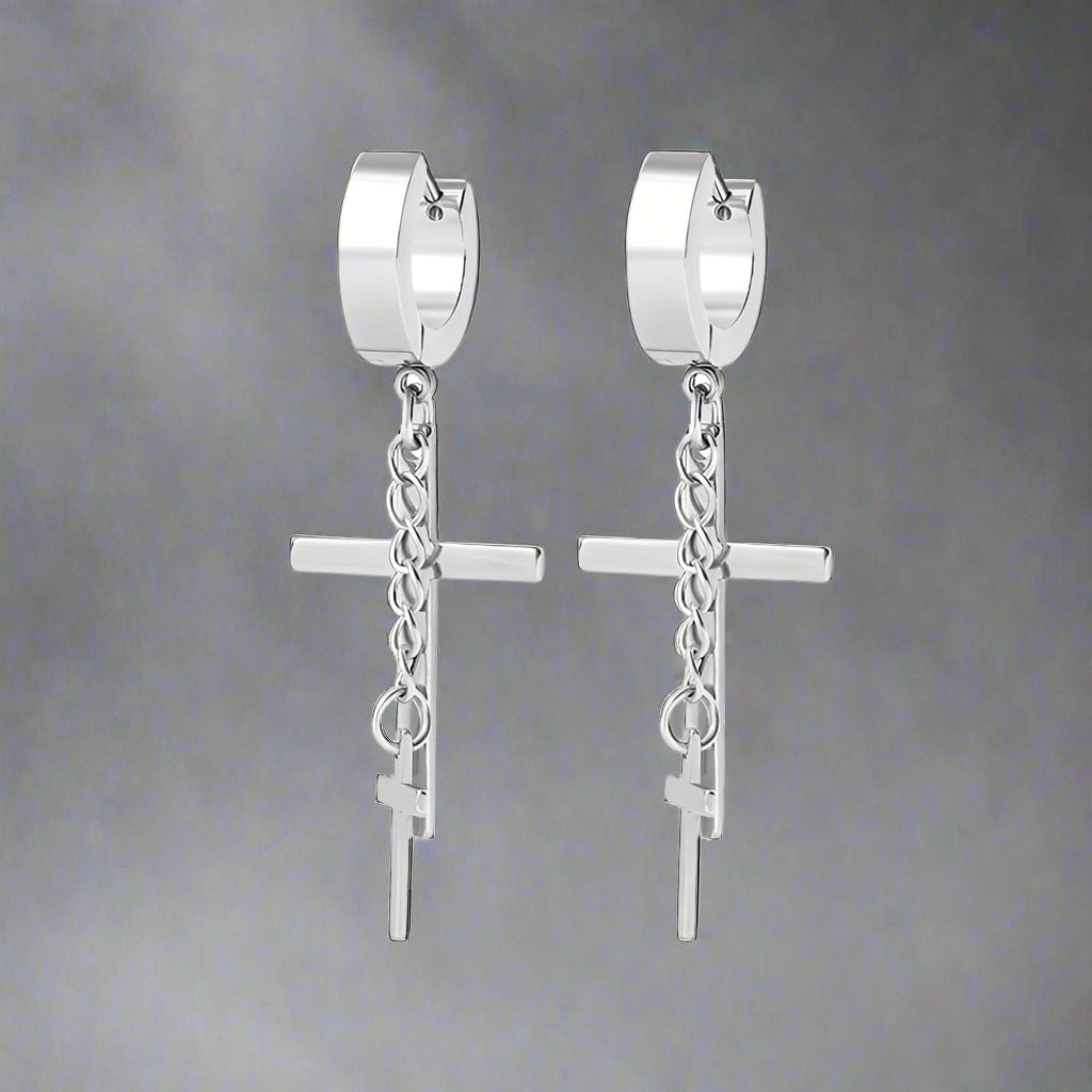 THE MEN THING Nose & Ear Ring Pair  (Both Ears) DOUBLE CROSS NOIRCHAIN SILVER - Titanium Steel Hoop Earrings for Men & Boys (2 Pcs)