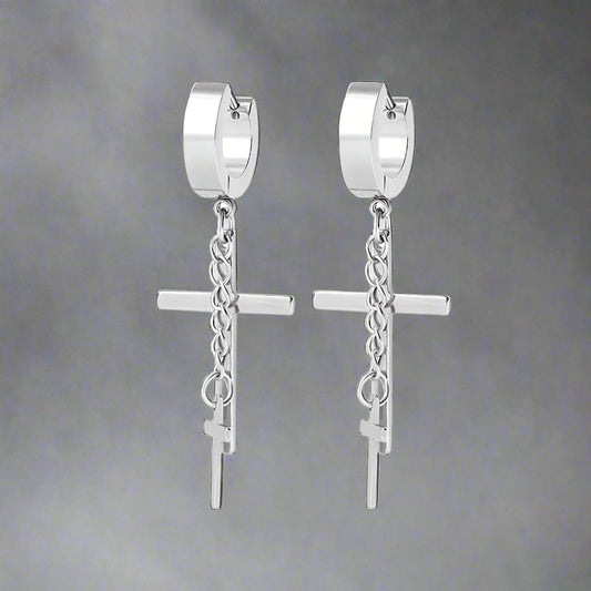THE MEN THING Nose & Ear Ring Pair  (Both Ears) DOUBLE CROSS NOIRCHAIN SILVER - Titanium Steel Hoop Earrings for Men & Boys (2 Pcs)