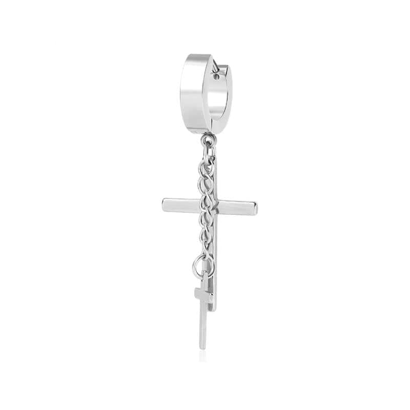 THE MEN THING Nose & Ear Ring Pair  (Both Ears) DOUBLE CROSS NOIRCHAIN SILVER - Titanium Steel Hoop Earrings for Men & Boys (2 Pcs)