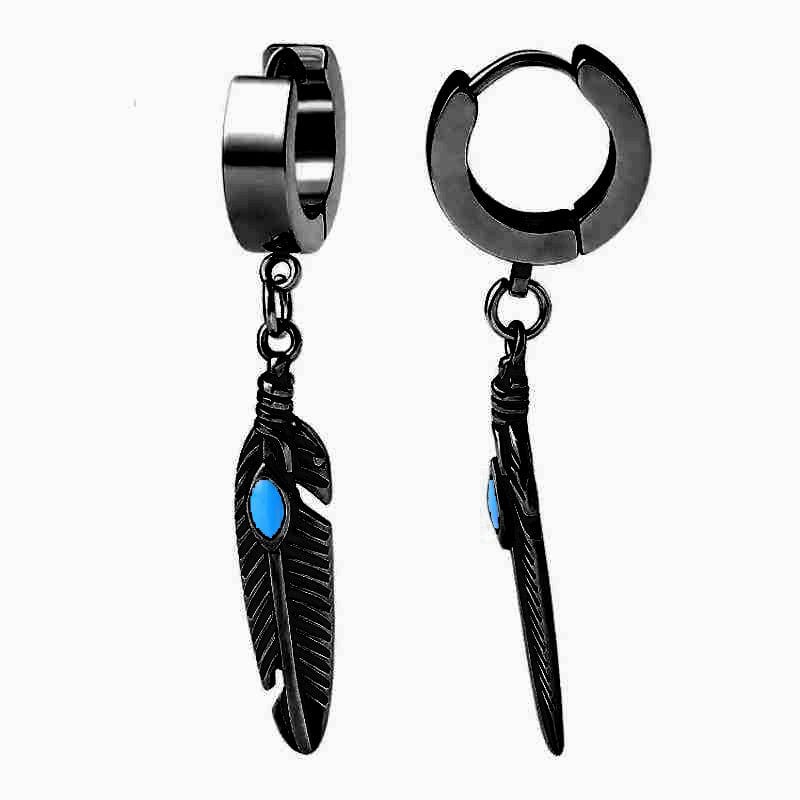 THE MEN THING Nose & Ear Ring Pair  (Both Ears) FEATHER BLACK - Titanium Steel Hoop Earrings for Men & Boys (2 Pcs)