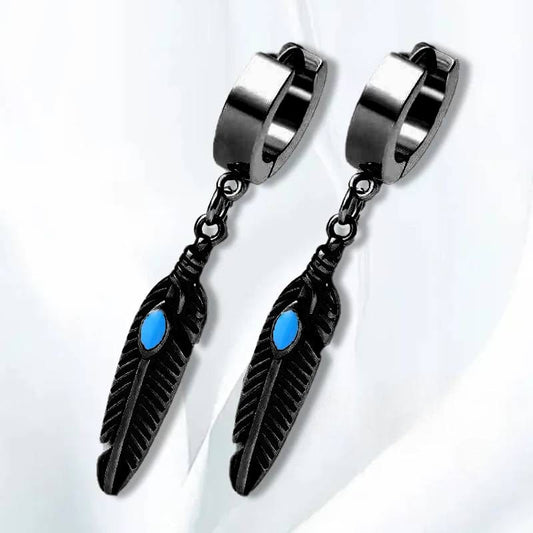 THE MEN THING Nose & Ear Ring Pair  (Both Ears) FEATHER BLACK - Titanium Steel Hoop Earrings for Men & Boys (2 Pcs)