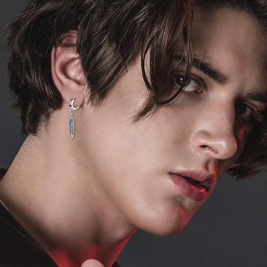THE MEN THING Nose & Ear Ring Pair  (Both Ears) FEATHER SILVER - Titanium Steel Hoop Earrings for Men & Boys (2 Pcs)