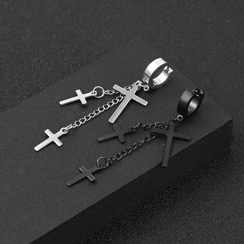 THE MEN THING Nose & Ear Ring Pair  (Both Ears) FLARE CROSS BLACK - Titanium Steel Stud Earrings for Men & Boys (2 Pcs)