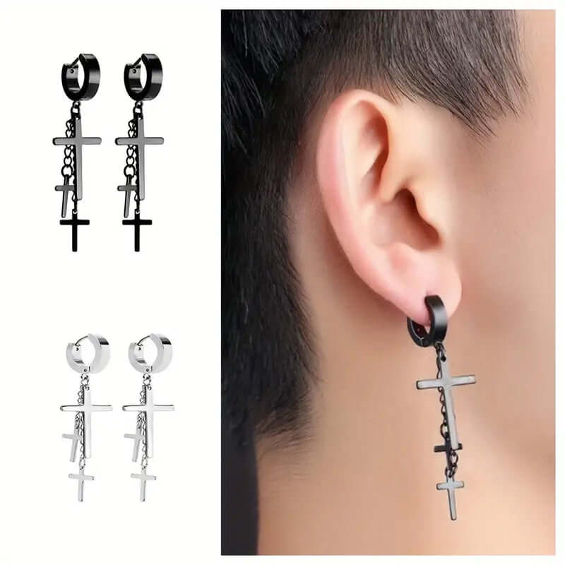 THE MEN THING Nose & Ear Ring Pair  (Both Ears) FLARE CROSS BLACK - Titanium Steel Stud Earrings for Men & Boys (2 Pcs)