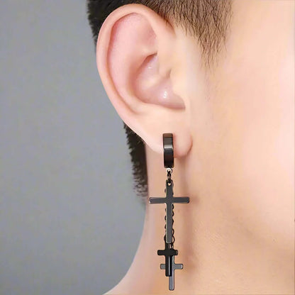 THE MEN THING Nose & Ear Ring Pair  (Both Ears) FLARE CROSS BLACK - Titanium Steel Stud Earrings for Men & Boys (2 Pcs)