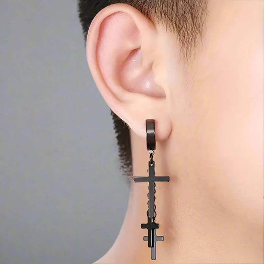 THE MEN THING Nose & Ear Ring Pair  (Both Ears) FLARE CROSS BLACK - Titanium Steel Stud Earrings for Men & Boys (2 Pcs)