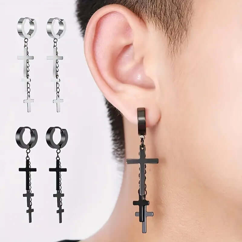 THE MEN THING Nose & Ear Ring Pair  (Both Ears) FLARE CROSS SILVER - Titanium Steel Stud Earrings for Men & Boys (2 Pcs)