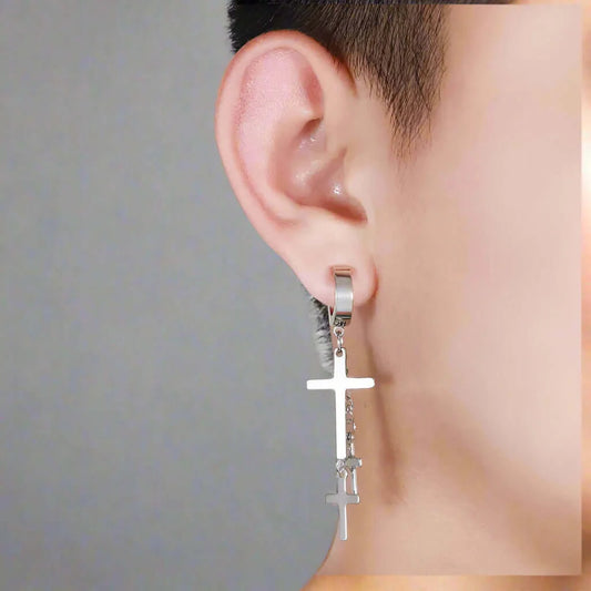 THE MEN THING Nose & Ear Ring Pair  (Both Ears) FLARE CROSS SILVER - Titanium Steel Stud Earrings for Men & Boys (2 Pcs)