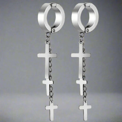 THE MEN THING Nose & Ear Ring Pair  (Both Ears) FLARE CROSS SILVER - Titanium Steel Stud Earrings for Men & Boys (2 Pcs)