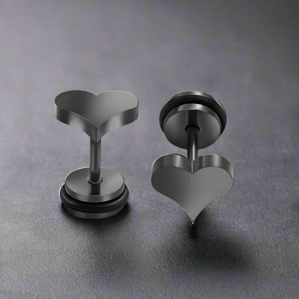 THE MEN THING Nose & Ear Ring Pair  (Both Ears) HEARTFELT ELEGANCE BLACK - Pure Titanium Steel Piercing Ear Earrings for Men & Boys (2 Pcs)