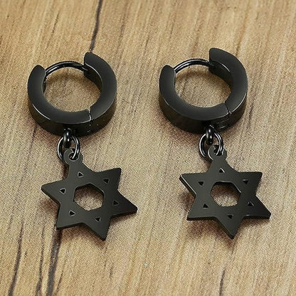 THE MEN THING Nose & Ear Ring Pair  (Both Ears) HEXSTAR BLACK - Pure Titanium Steel Ear Hoop Earrings for Men & Boys (2 Pcs)