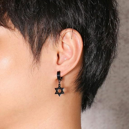 THE MEN THING Nose & Ear Ring Pair  (Both Ears) HEXSTAR BLACK - Pure Titanium Steel Ear Hoop Earrings for Men & Boys (2 Pcs)