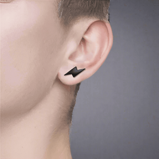 THE MEN THING Nose & Ear Ring Pair  (Both Ears) LIGHTNING BOLT BLACK - Pure Titanium Steel Piercing Ear Earrings for Men & Boys (2 Pcs)